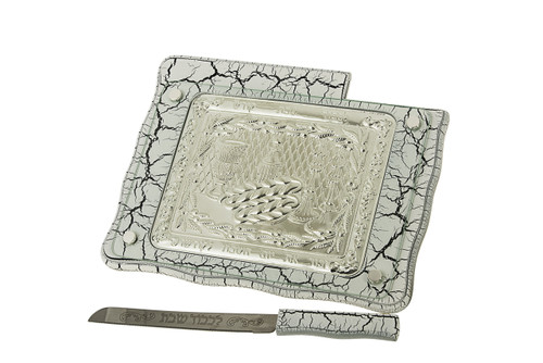 White Marble & Silver Plate Challah Board w/ Knife (29249)
