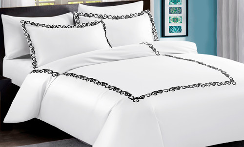 Embroidered Hotel Style White/Black Linen Set