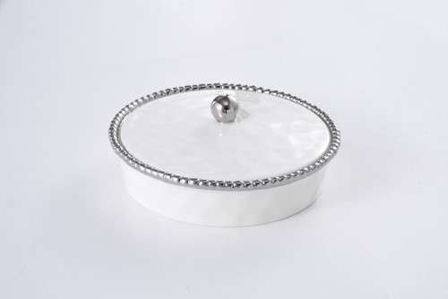 White Beaded Round Cover Baker