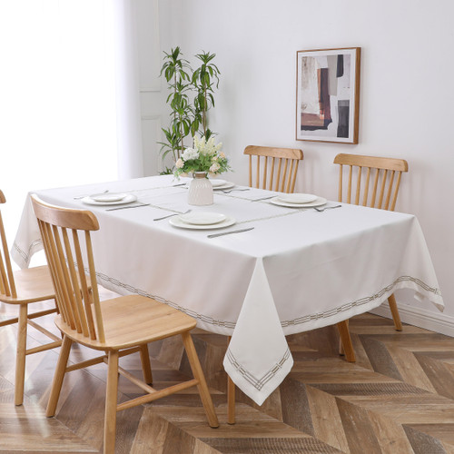 Gold Square Trim Linen Look White Tablecloth