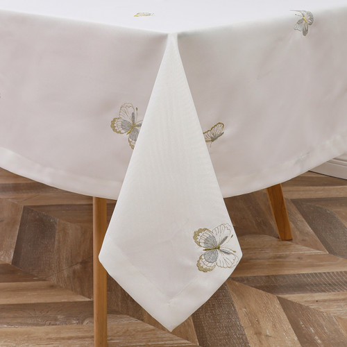 Butterfly Linen Look White Tablecloth