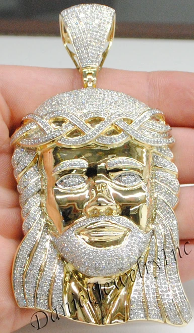 New Jesus Piece Head Face Yellow Gold 4" White Diamond 6.43ct 14k Custom Pendant