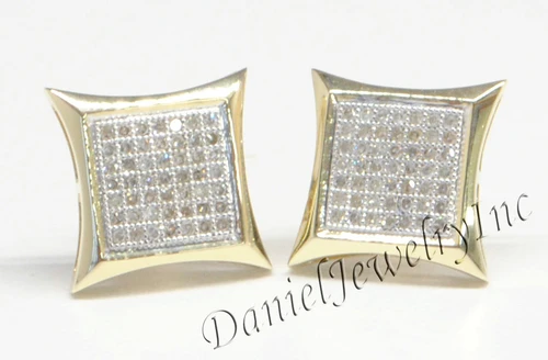 Mens Ladies Earring 10k Yellow Gold White Diamond .37ct Pave Stud Square Custom