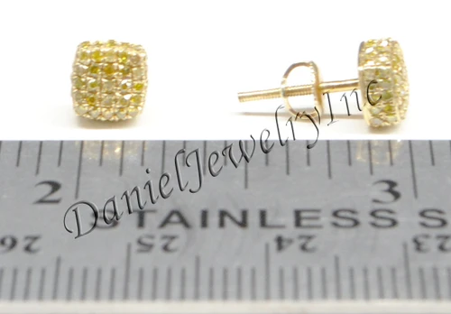Mens Ladies Earring 10k Yellow Gold Canary Diamond .55ct Pave Stud Square Custom
