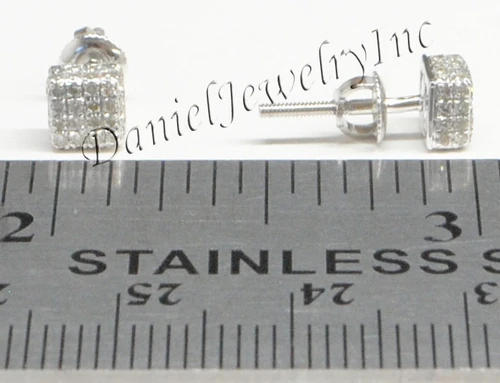 Mens Ladies Earring 10k White Gold White Diamond .28ct Pave Stud Square Custom