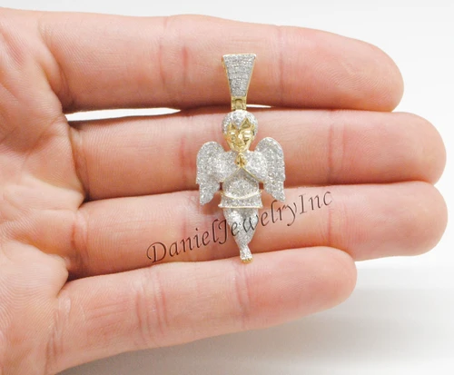 New Angel Ice Yellow Gold 1 5/8" White Diamond .95ct 10k Small Pendant Mini Charm