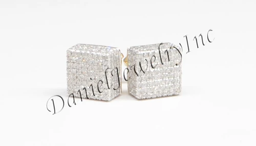 Mens Ladies Earring 10k Yellow Gold White Diamond 1.45ct Pave Stud Square Custom