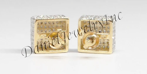 Mens Ladies Earring 10k Yellow Gold White Diamond 1.45ct Pave Stud Square Custom