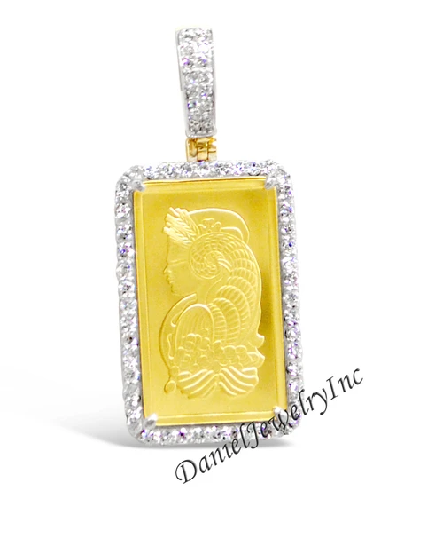 New Pamp Suisse 24k 2.5g Bar Pendant Yellow Gold 1 1/2" White Diamond .98ct 14k Frame Custom Pendant