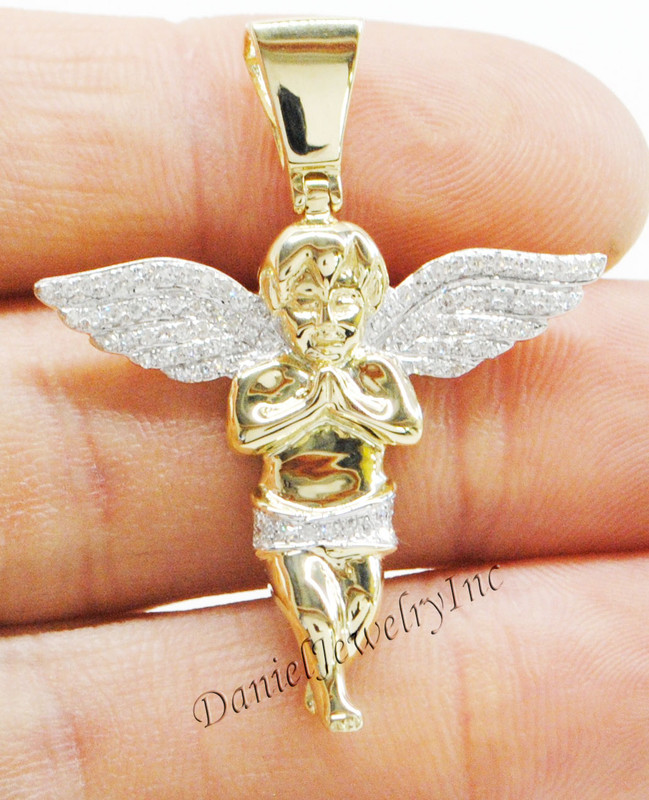 New Angel Semi Ice Yellow Gold 1 5/8" White Diamond .37ct 10k Small Pendant Mini Charm