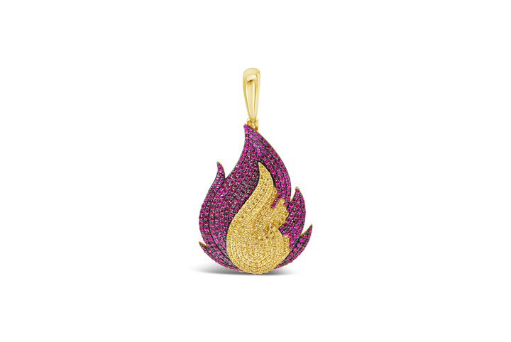 New Fire Emoji Pendant 14k 2" 4.22ct Yellow Diamonds and Ruby Custom