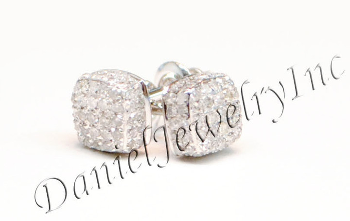 Mens Ladies Earring 10k White Gold White Diamond .55ct Pave Stud Square Custom