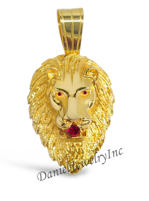 New Lion Head Face Yellow Gold 4 1/4" Ruby Simulant 14k Custom Pendant