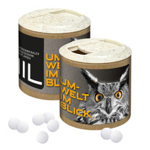 Papier-Werbedose mit Pfefferminz Papier-Werbedose mit Pfefferminz