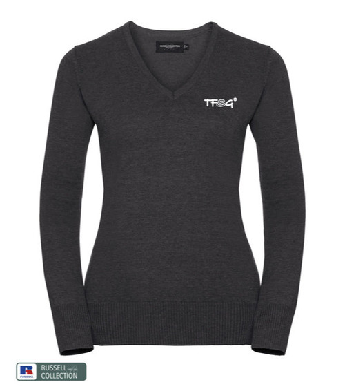 RUSSELL Collection Strickpullover mit V-Ausschnitt Damen 275 g/m² - bestickt