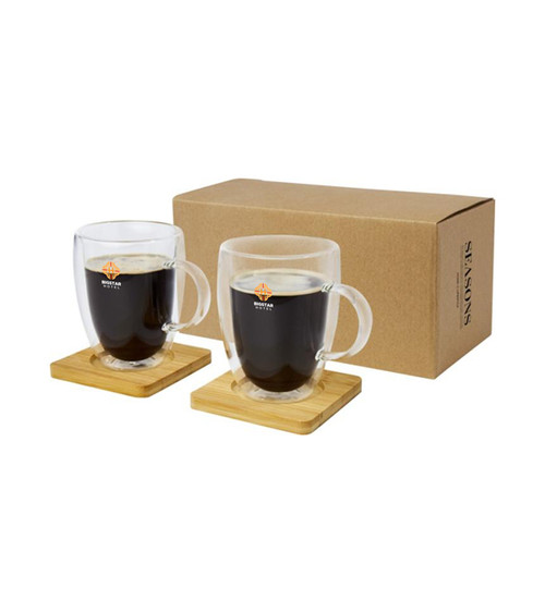 2 Mugs en verre à double paroi avec sous-verres en bambou MANTI 350 ml