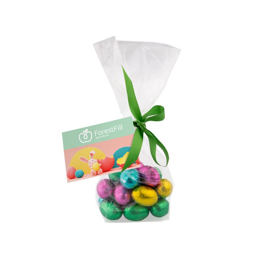 Block bag with Easter eggs, ribbon and card