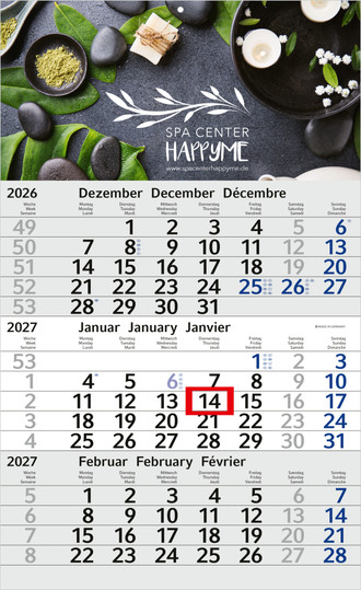 Calendrier mural basique de 3 mois en 3 langues