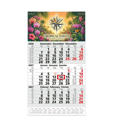 Post 3 Month Wall Calendar 6 Languages