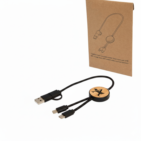 Chechia 30 cm 5-in-1 Recycled Plastic Cable for Data Transfer and 27W Fast Charging with Bamboo Details