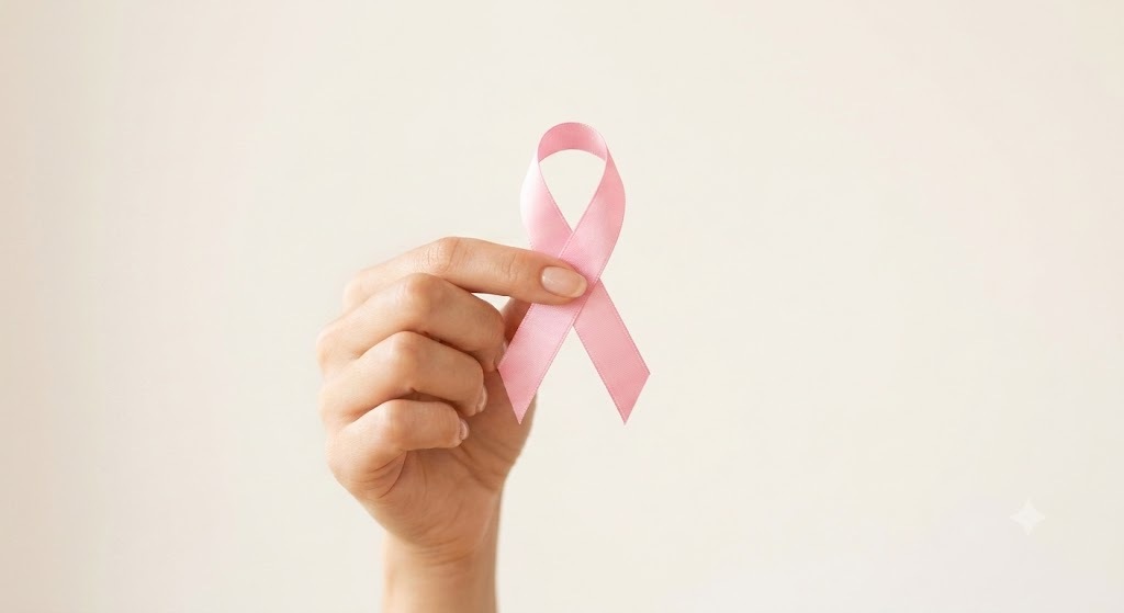 Hand hält eine rosa Schleife