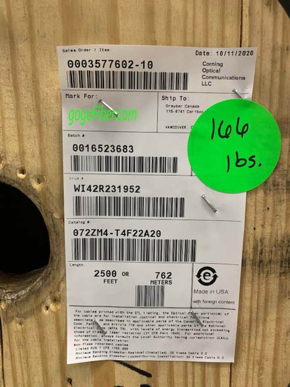 72ct Corning	072ZM4-T4F22A20
3422 GRP MINIXTEND FAB	Ultra Micro
Reel# 231952