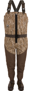 Uninsulated Guardian Elite HND Front Zip Chest Wader by Drake – Waterproof, windproof, breathable waders with 4-layer upper and 5-layer lower construction, EVA midsole boots with 1600g Thinsulate® insulation, rubber outsole for traction, TiZIP® MasterSeal zipper, Magnattach™ call pockets, fleece-lined handwarmer pockets, and X-Crossing-Back straps – ideal for waterfowl hunting in marshes, flooded timber, or boats. Uninsulated Guardian Elite HND Front Zip Chest Wader by Drake – Waterproof, windproof, breathable waders with 4-layer upper and 5-layer lower construction, EVA midsole boots with 1600g Thinsulate® insulation, rubber outsole for traction, TiZIP® MasterSeal zipper, Magnattach™ call pockets, fleece-lined handwarmer pockets, and X-Crossing-Back straps – ideal for waterfowl hunting in marshes, flooded timber, or boats.