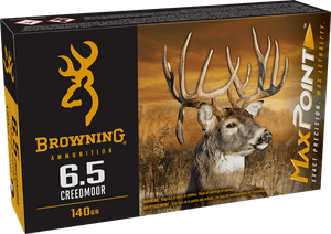 Premium Browning 140gr 6.5 Creedmoor Max Point Rifle Ammunition with controlled expansion, long-range precision, and reliable performance for hunting medium to large game Premium Browning 140gr 6.5 Creedmoor Max Point Rifle Ammunition with controlled expansion, long-range precision, and reliable performance for hunting medium to large game