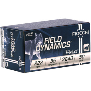 Fiocchi Field Dynamics .223 Remington 55 Grain 3,240 fps Hornady V-Max Rifle Ammunition - Box Fiocchi Field Dynamics .223 Remington 55 Grain 3,240 fps Hornady V-Max Rifle Ammunition - Box