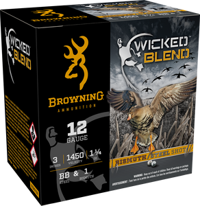 Browning Wicked Blend 1450fps 12 Gauge 3" 1-1/4oz #BB and #1 Steel and Bismuth Blended Shot Shotgun Ammunition Browning Wicked Blend 1450fps 12 Gauge 3" 1-1/4oz #BB and #1 Steel and Bismuth Blended Shot Shotgun Ammunition
