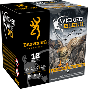 Browning Wicked Blend 1500fps 12 Gauge 3-1/2" 1-1/2oz #BB and #1 Steel and Bismuth Blended Shot Shotgun Ammunition Browning Wicked Blend 1500fps 12 Gauge 3-1/2" 1-1/2oz #BB and #1 Steel and Bismuth Blended Shot Shotgun Ammunition