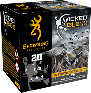 Browning Wicked Blend 1300fps 20 Gauge 3" 1oz #2 and #4 Steel and Bismuth Blended Shot Ammunition Browning Wicked Blend 1300fps 20 Gauge 3" 1oz #2 and #4 Steel and Bismuth Blended Shot Ammunition
