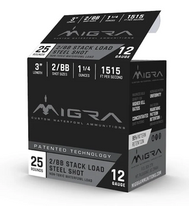 Migra 12 Gauge 3" 1-1/4oz 1515fps #2 and #BB Staxd Load Steel Shot Migra 12 Gauge 3" 1-1/4oz 1515fps #2 and #BB Staxd Load Steel Shot