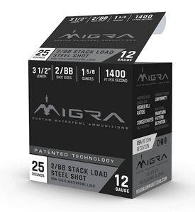 Migra 12 Gauge 3-1/2" 1-5/8oz 1400fps #2 and #BB Staxd Load Steel Shot Migra 12 Gauge 3-1/2" 1-5/8oz 1400fps #2 and #BB Staxd Load Steel Shot