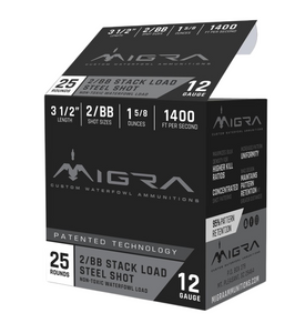 Migra Waterfowl 1,400 fps 12 Gauge 3-1/2" 1-5/8 oz #2 & BB Stacked Load Steel Shot Shotgun Ammunition Migra Waterfowl 1,400 fps 12 Gauge 3-1/2" 1-5/8 oz #2 & BB Stacked Load Steel Shot Shotgun Ammunition