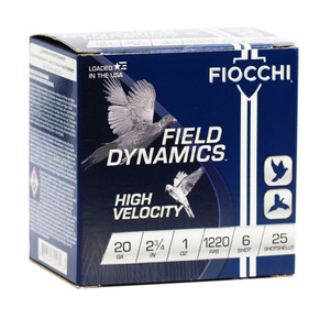 Fiocchi Field Dynamics 1,220 fps 20 Gauge 2-3/4" 1 oz. #6 Lead Shot Shotgun Ammunition Fiocchi Field Dynamics 1,220 fps 20 Gauge 2-3/4" 1 oz. #6 Lead Shot Shotgun Ammunition