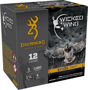 Browning Wicked Wing 1,450 fps 12 Gauge 3" 1-1/4 oz. #4 Steel Shot Shotgun Ammunition Browning Wicked Wing 1,450 fps 12 Gauge 3" 1-1/4 oz. #4 Steel Shot Shotgun Ammunition