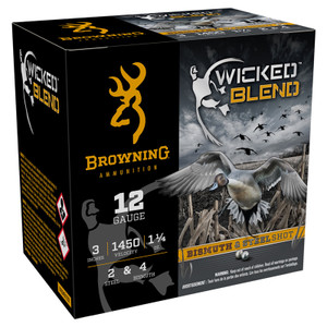 Browning Wicked Blend 1,450 fps 12 Gauge 3" 1-1/4 oz. #2 Steel & #4 Bismuth Shot Shotgun Ammunition Browning Wicked Blend 1,450 fps 12 Gauge 3" 1-1/4 oz. #2 Steel & #4 Bismuth Shot Shotgun Ammunition