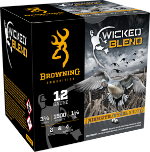 Browning Wicked Blend 12ga 3-1/2" 1-1/2oz 2&4 Bismuth & Steel Shot Shotgun Shells Browning Wicked Blend 12ga 3-1/2" 1-1/2oz 2&4 Bismuth & Steel Shot Shotgun Shells