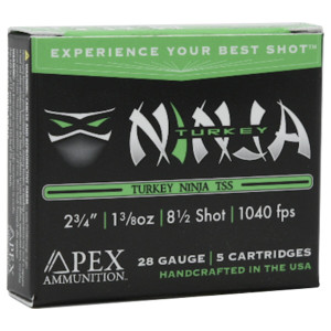 Apex Turkey Ninja TSS 28ga 2-3/4-inch 1-3/8oz #8.5 Shotgun Shells, lightweight tungsten ammunition for turkey hunting with dense patterns, extended range, and powerful knockdown performance. Apex Turkey Ninja TSS 28ga 2-3/4-inch 1-3/8oz #8.5 Shotgun Shells, lightweight tungsten ammunition for turkey hunting with dense patterns, extended range, and powerful knockdown performance.