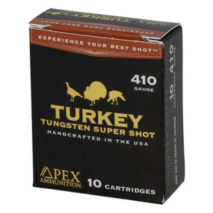 Apex Turkey TSS .410ga 3-inch 22/33oz #9.5 Shotgun Shells, premium tungsten ammunition for turkey hunting with dense patterns, long-range precision, and powerful knockdown performance. Apex Turkey TSS .410ga 3-inch 22/33oz #9.5 Shotgun Shells, premium tungsten ammunition for turkey hunting with dense patterns, long-range precision, and powerful knockdown performance.