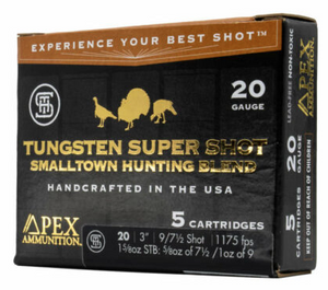 Apex Smalltown Hunting Blend TSS 20ga 3-inch 1-5/8oz #7.5 and #9 Blended Shotgun Shells, premium tungsten ammunition for turkey hunting with dense patterns, extended range, and powerful knockdown performance. Apex Smalltown Hunting Blend TSS 20ga 3-inch 1-5/8oz #7.5 and #9 Blended Shotgun Shells, premium tungsten ammunition for turkey hunting with dense patterns, extended range, and powerful knockdown performance.