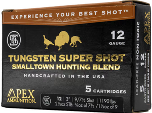 Apex Smalltown Hunting Blend TSS 12ga 3-inch 2-1/4oz #7.5 and #9 Blended Shotgun Shells, premium tungsten ammunition for turkey hunting with dense patterns, long-range precision, and powerful knockdown performance. Apex Smalltown Hunting Blend TSS 12ga 3-inch 2-1/4oz #7.5 and #9 Blended Shotgun Shells, premium tungsten ammunition for turkey hunting with dense patterns, long-range precision, and powerful knockdown performance.
