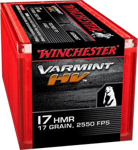 Winchester Varmint HV 17 HMR 17gr V-Max Rimfire Ammunition box, 50 rounds, featuring high-velocity 2550 fps polymer tip V-Max bullets for varmint and small game hunting with superior accuracy and explosive expansion. Winchester Varmint HV 17 HMR 17gr V-Max Rimfire Ammunition box, 50 rounds, featuring high-velocity 2550 fps polymer tip V-Max bullets for varmint and small game hunting with superior accuracy and explosive expansion.