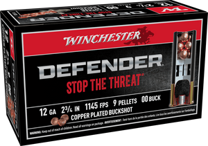 Winchester 12ga 1145fps 2-3/4" #3 Buckshot Defender Shotgun Ammunition box with detailed shot specifications for home defense and tactical use. Winchester 12ga 1145fps 2-3/4" #3 Buckshot Defender Shotgun Ammunition box with detailed shot specifications for home defense and tactical use.