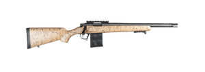 Christensen Arms Ridgeline Scout 6mm ARC Bolt Action Rifle with Tan and Black Webbed Carbon Fiber Stock, featuring lightweight 5.9 lb design, carbon fiber-wrapped 16-inch barrel, Sub-MOA accuracy, and AICS-compatible magazine for precision hunting and tactical shooting