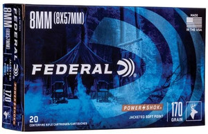 Federal Power-Shok 8mm Mauser, 170 Grain Jacketed Soft Point, Rifle Ammunition - Box