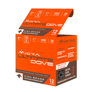 Migra Ultimate Dove 1,350 fps 12 Gauge 2-3/4" 1-1/4 oz. #7-1/2/9 Lead Shot Shotgun Ammunition Migra Ultimate Dove 1,350 fps 12 Gauge 2-3/4" 1-1/4 oz. #7-1/2/9 Lead Shot Shotgun Ammunition