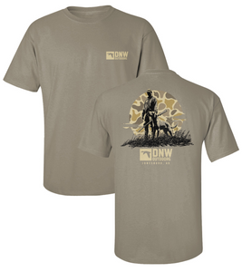 Hunter Camo Circle DNW Outdoors Logo Short Sleeve Tee Shirt in Blue Spruce, Khaki, and Light Green. Features a back print of a hunter and lab silhouette with a camo sun.
