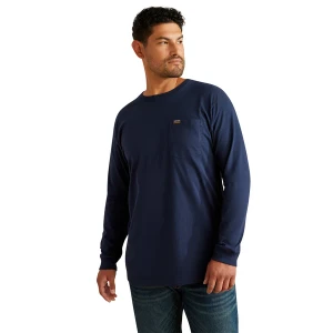 Men's Cotton Strong Standard Long Sleeve Navy Pocket Tee Shirt by Ariat